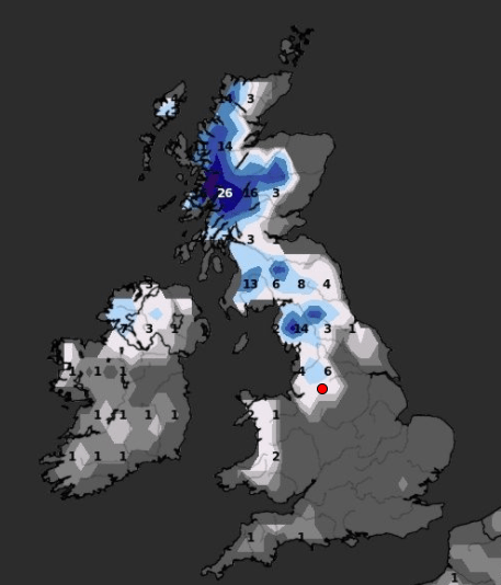 Snow Depth cm by the end of Friday